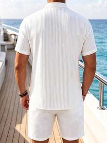 VENTUSAIL Men's Summer Thin Faux Linen Striped Vacation Casual Loose Patchwork Pullover Short Sleeve Shirt And Solid Color Elastic Waist Shorts Set - White - View 2