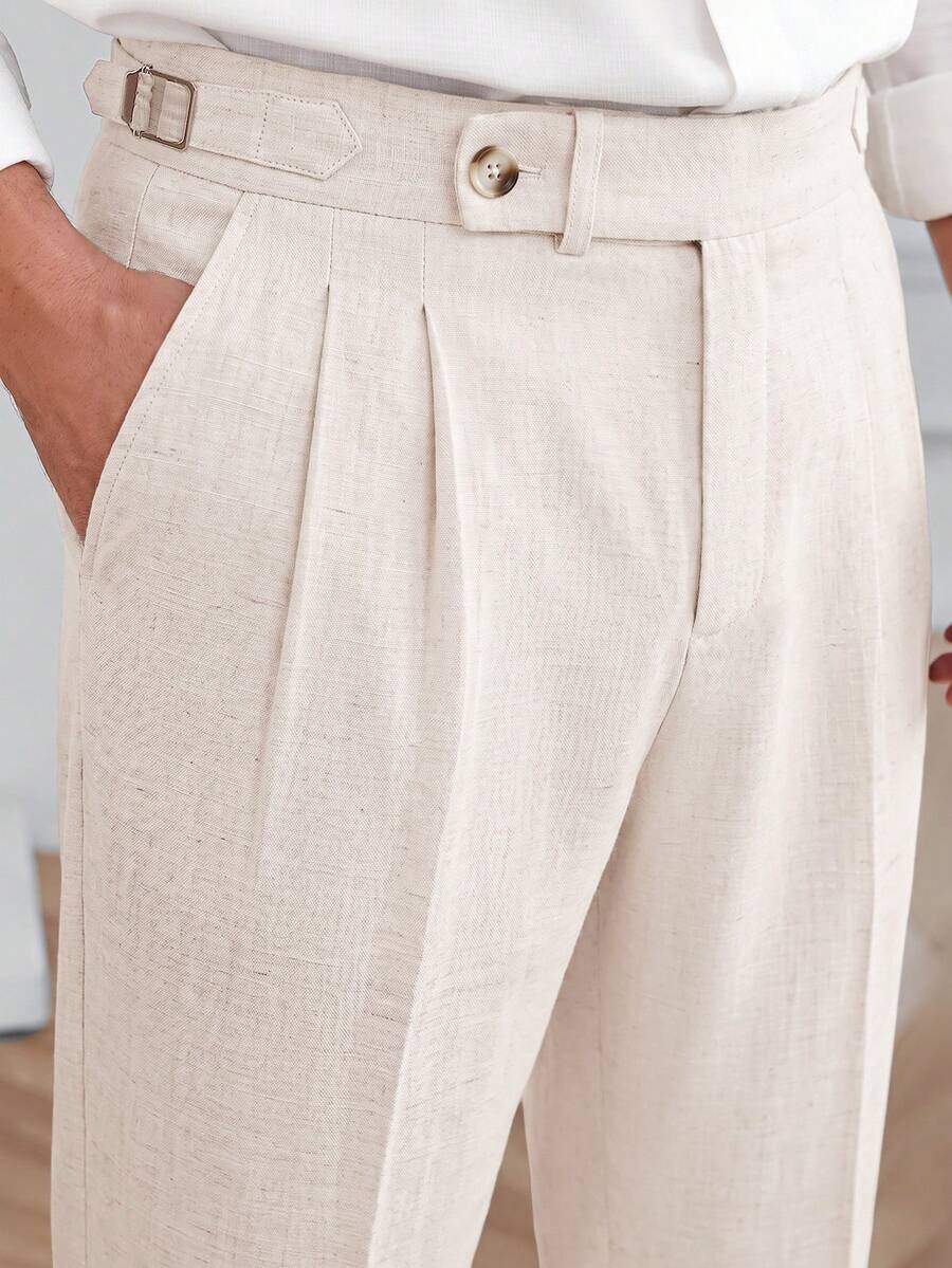 Core Aspect Men's Solid Color Bamboo Slub Texture Mid-Waist Double Pleated Straight Leg Casual Business No Belt Loop Zipper 9/10 Length Pants - Apricot - View 1