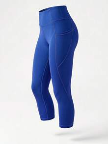 SHEIN Cheerettes Solid Color High Waist Seamless Side Pocket Yoga Leggings - Blue - View 2