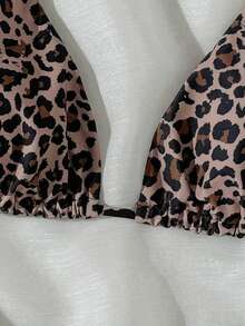 Slaydiva Plus Size Women's Leopard Print Halter Neck Bikini Triangle Top For Beach Vacation - Coffee Brown - View 4