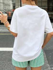 Sundraya Summer Women's Papaya Slogan Print T-Shirt And Striped Shorts Two Pieces Set - Green - View 2