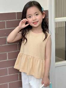 Dazy Kids 女童秋季圓領針織短袖T恤夏季上衣 - 杏色 - 查看 1