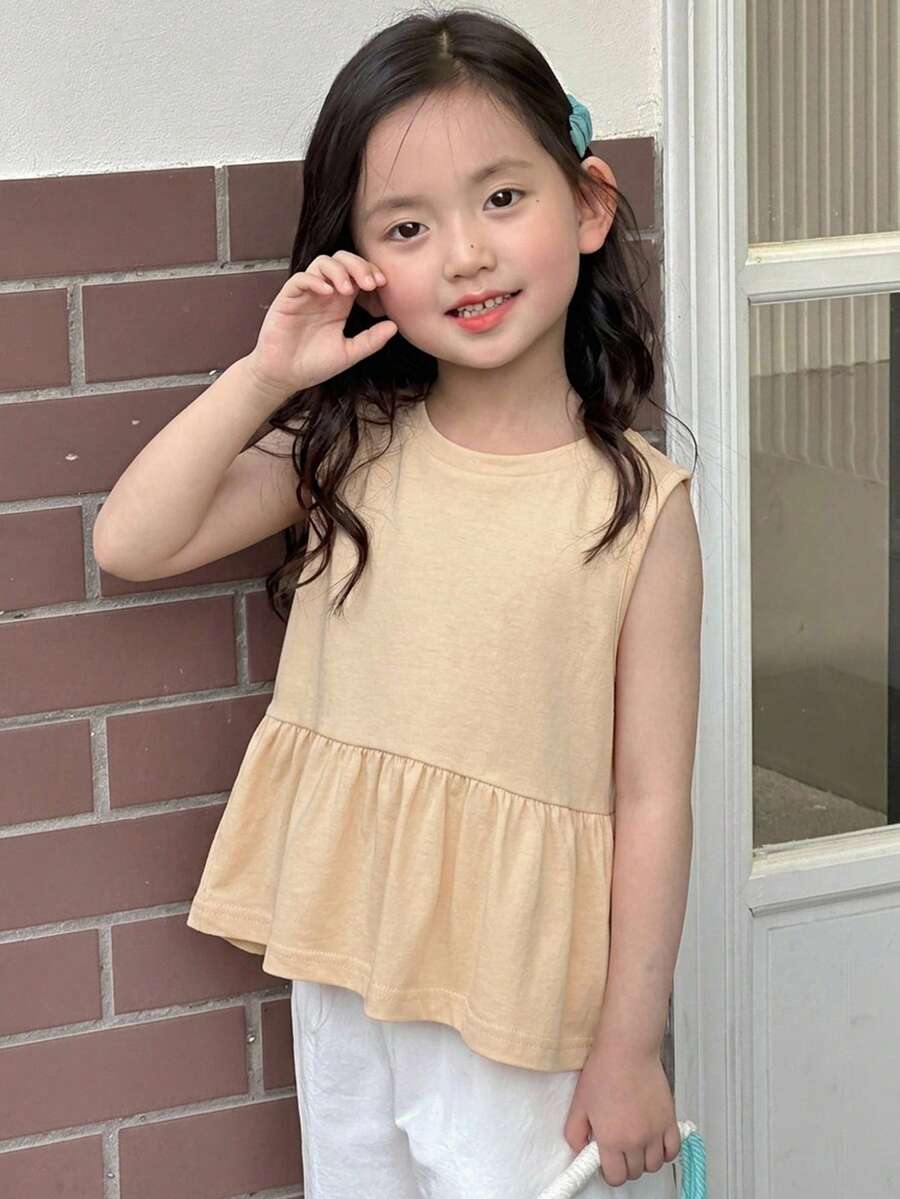 Dazy Kids 女童秋季圓領針織短袖T恤夏季上衣 - 杏色 - 查看 1