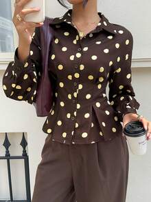Siren Gaze Spring/Autumn New Brown Polka Dot Waist-Cinching Long Sleeve Blouse For Women - Brown - View 8