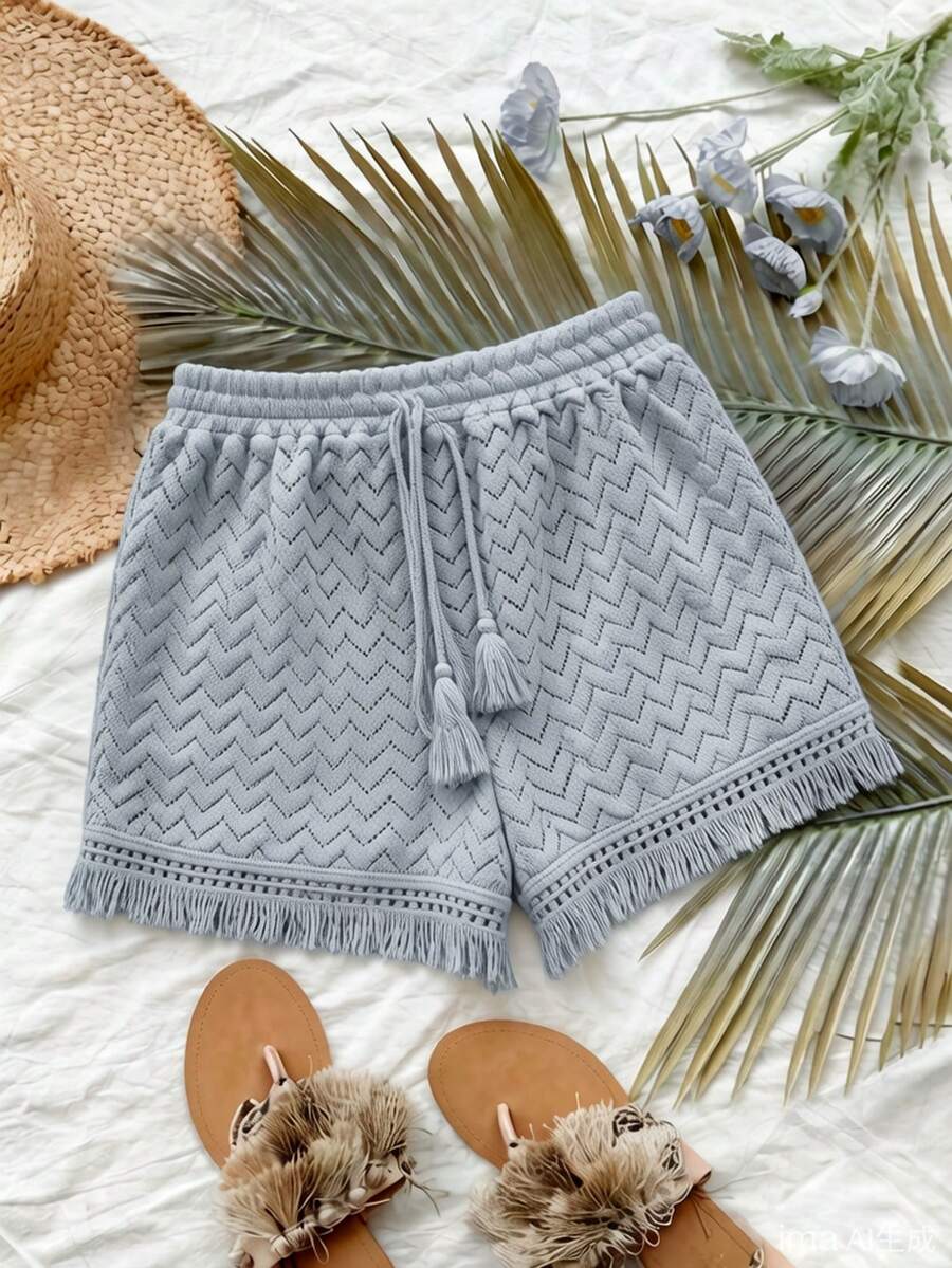 Roelina Women's Spring/Summer Elegant Boho Vacation Knit Hollow Jacquard Patchwork Tassel Trim Pocket Casual Loose Shorts Beach Blue - Dusty Blue - View 1