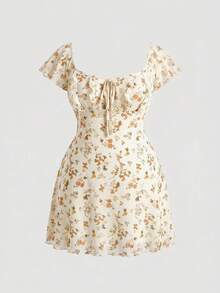 SHEIN MOD Plus Women's Allover Floral Print Ruffle Armhole Knot Front Dress - Apricot - View 3