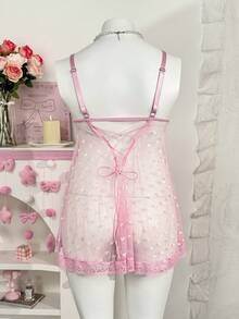 FairyFlirt Plus Size Lace Patchwork Nightgown 2pcs Set - Pink - View 4