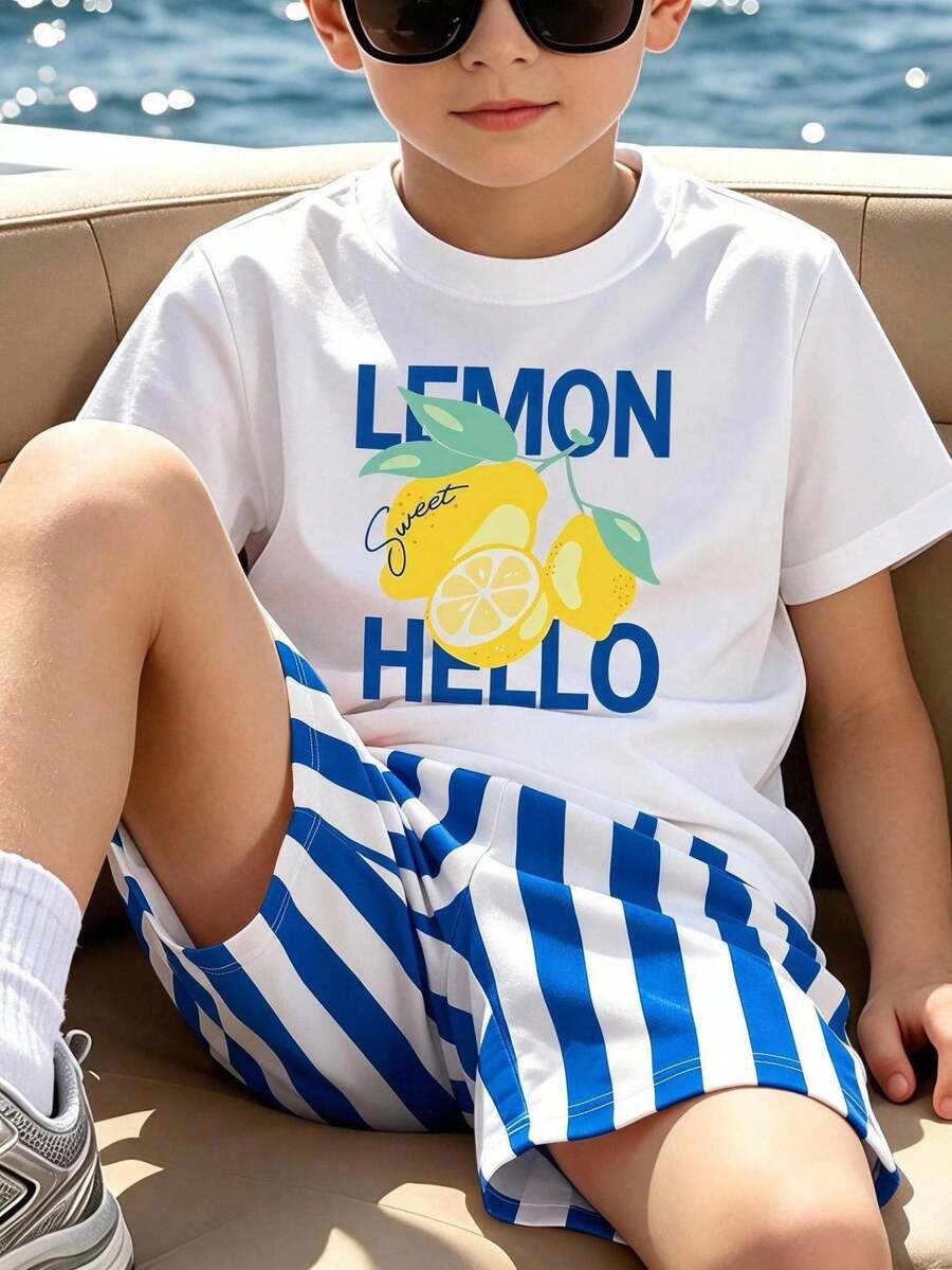 SHEIN 2pcs Tween Boy Coconut Print Short Sleeve Shirt And Solid Color Shorts Set, Suitable For Daily Casual, Vacation, Sports And Travel, Perfect For Summer - Blue and White - View 1