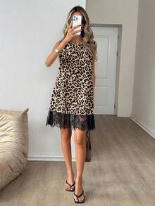 Easowa Women's Leopard Print Lace Patchwork Casual Dating Party Mini Dress - Multicolor - View 6