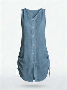 Swim Lushoire 女款純色單排扣休閒和服式罩衫，適合度假穿著 - 霧霾藍 - 查看 7