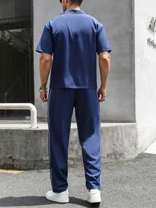SLATEMANN Kemeja Lengan Pendek Pria dengan Resleting dan Celana Panjang dengan Tali Serut di Pinggang, Pakaian Kasual Sehari-hari - Navy Blue - View 2
