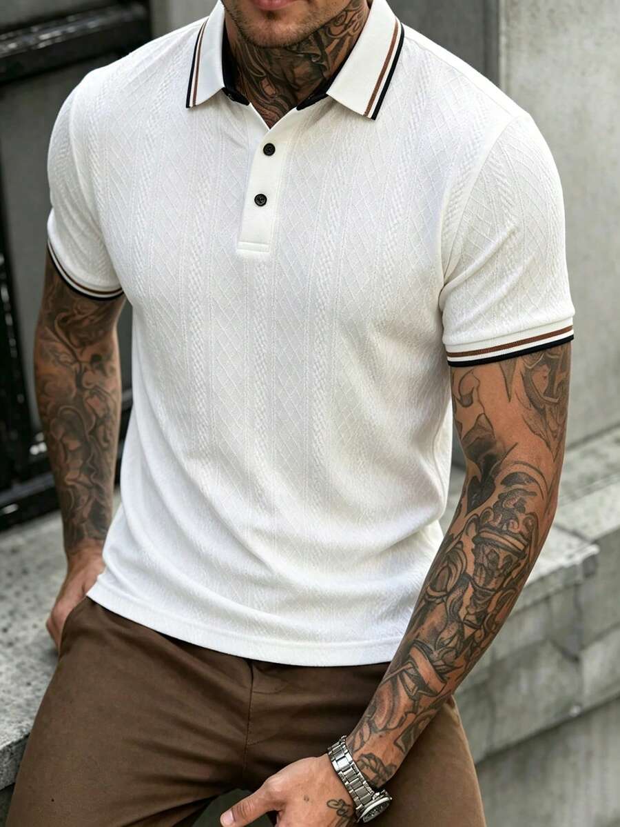 Manfinity CasualCool 男士條紋短袖休閒通勤 Polo 衫,儀式場合適用 - 黑與白 - 查看 1
