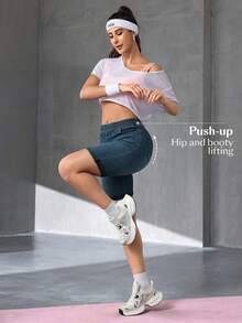 Flexra Stretchy Slimming Mid-To-High Waist Denim Shorts Gym Dark Blue Summer Casual Sporty - Dark Wash - View 5
