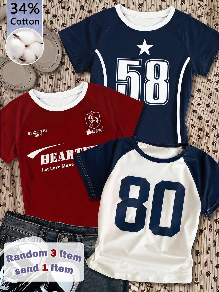 3 Paquetes de Camisetas Básicas Estampadas para Primavera & Verano para Adolescentes, Estilo Fresco con Versatilidad Primaveral - Multicolor - Ver 1