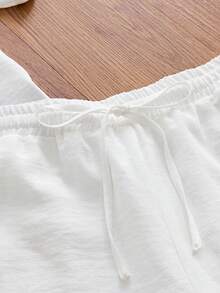 SWAVVY Conjunto de camisa de manga corta con patchwork de encaje y abotonadura sencilla para hombre, y pantalones cortos con bolsillo texturizado y cintura con cordón para vacaciones - Blanco - Ver 4