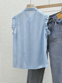 SHEIN Franclia Blus Chiffon Polkadot Hitam Wanita, Elegan dan Romantis dengan Hiasan Rumbai di Bagian Bawah. - Baby Blue - View 2