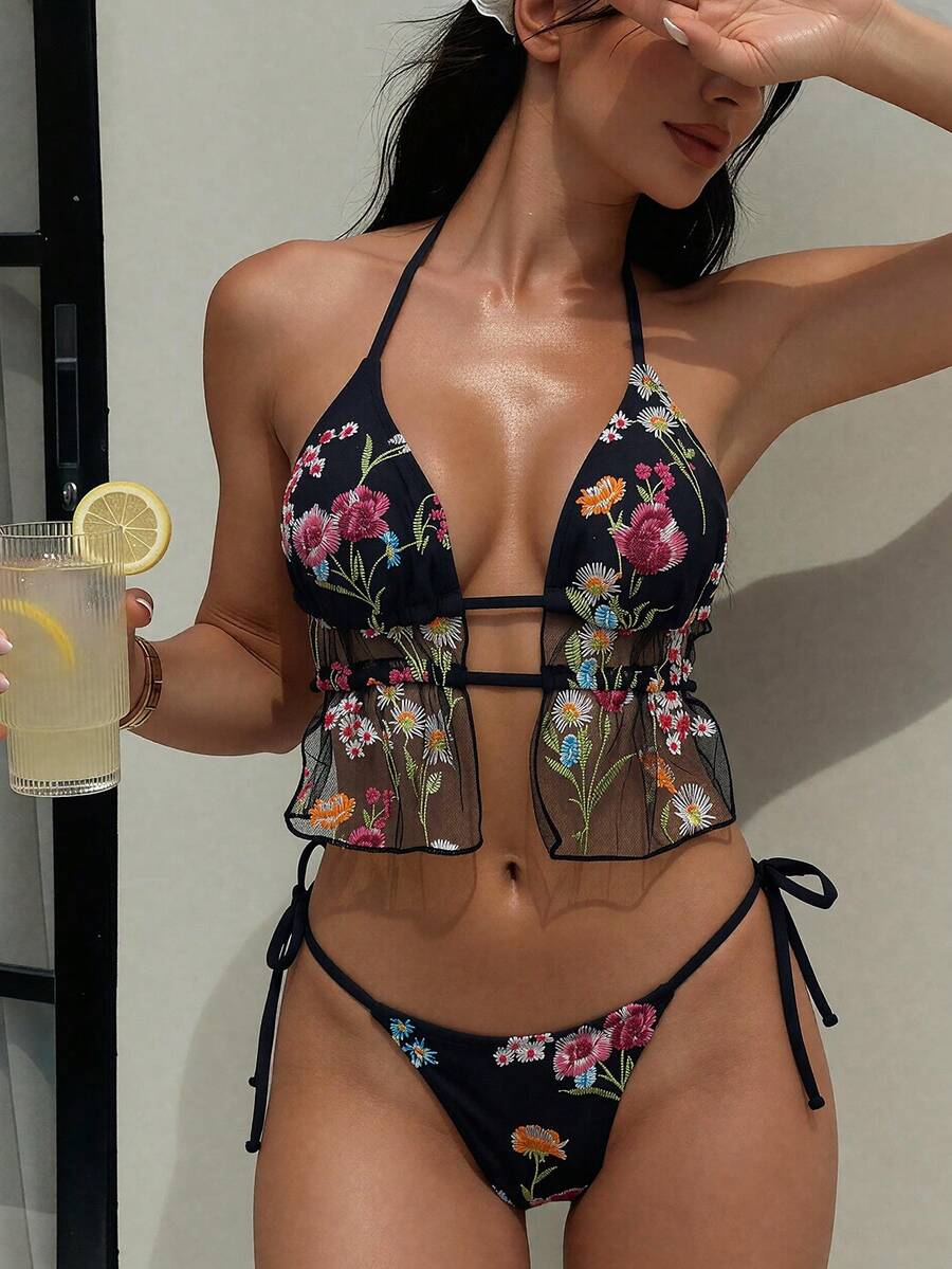 Bonvoyette New Spring Summer Multi-Color Embroidered Floral Print Spaghetti Strap Backless Side Tie High Cut Fashionable European And American Beach Vacation Cruise Party Tank Top Bikini Swimsuit Set For Women - Multicolor - View 1