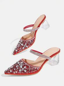 CUCCOO TILAWA Ladies' Fashionable And Elegant Crystal And Rhinestone Pointed Laser Lace Rose Red High-Heeled Shoes, Suitable For Banquets, Parties And Other Occasio - Rose Red - View 6