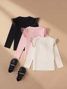 SHEIN 3件組女童秋冬荷葉袖針織雙面Dralon保暖內搭上衣，百搭圓領刺繡愛心長袖T恤 - 彩色 - 查看 3