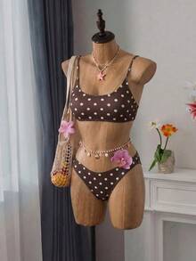 Swim Mod 女款 2 件式比基尼泳衣套裝，波點咖啡色印花，隨機雙肩帶，休閒百搭海灘度假泳裝 - 咖啡棕 - 查看 2