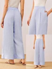 LUVLETTE Women's Blue Striped Linen Sleep Pants, Casual Wide Leg Pants With Pockets. - Blue - View 3