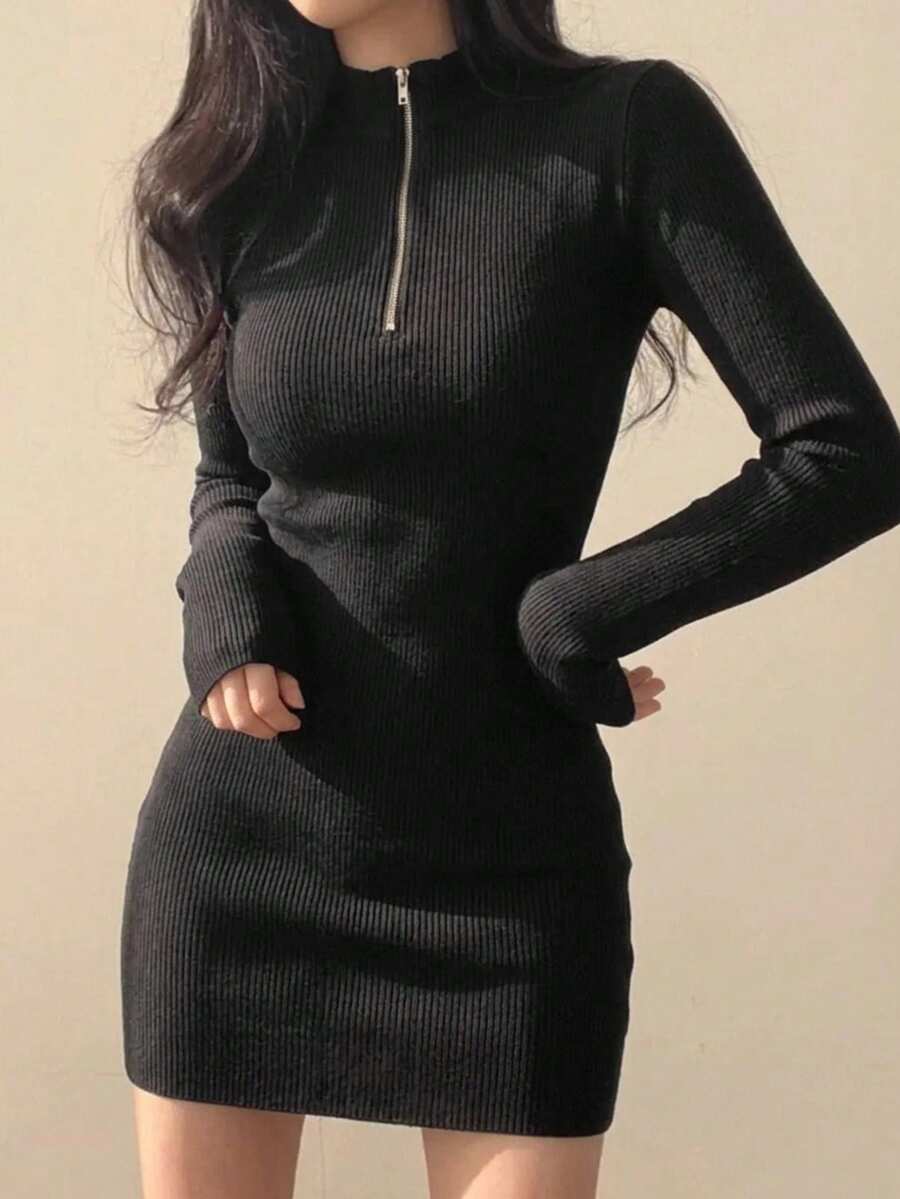 DAZY 女款純色半拉鍊休閒性感日常夜店外出連身裙 秋季 黑色 - 黑色 - 查看 1