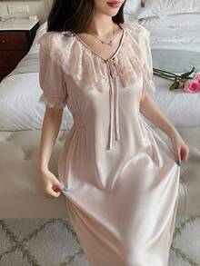 DAZY Camisón elegante para mujer con volantes de encaje en contraste y lazo delantero - Rosa vieja - Ver 6