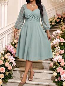 Fleurora Salbeigrün, Sommer, Elegant, Hochzeitsgast Große Größen Kleid für Frauen, Kontrastspitze Herz-Ausschnitt Laternen 3/4 Ärmel Midi Ausgestellt Büro Arbeitskleid - Kadettenblau - Übersicht 5