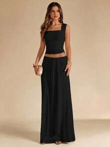 SHEIN BAE Ensemble 2 pièces femme en maille, débardeur bandeau froncé abricot unicolore et jupe longue taille basse froncée à nouer devant, tenue de plage pour vacances d'été, jupe bohème dos nu, tenue de concert, ensemble 2 pièces demoiselle d'honneur de mariage - Noir - Voir 3