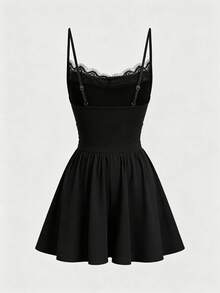 SHEIN PariChic Women's New Lace Patchwork Ruffle Neck Waist-Cinched A-Line Spaghetti Strap Mini Dress - Black - View 2