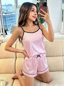 Girls Pink & White Striped Minimalist Print Faux Silk Camisole Top And Shorts Comfortable 2 Pieces Loungewear Set - Pink - View 7