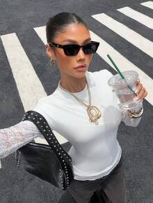 Muchica Women's Solid Color Lace Patchwork 2 In 1 T-Shirt Summer Women's Casual Elegant Solid Color Lace Patchwork Everyday Brunch Asymmetrical Hem T-Shirt - White - View 5