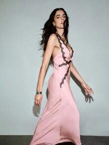 MOTF PREMIUM SATIN SPRING/SUMMER CONTRAST COLOR LACE PATCHWORK V-NECK DRESS, MODERN URBAN DATING - Pink - View 2