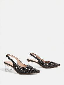 CUCCOO TILAWA Women's Crystal Heel Glass Rhinestone Pointed Toe Pink High Heel Pumps, Suitable For Outings, Banquets, Parties And Other Events - Graphite Black - View 3