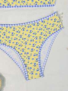Bonvoyette Springbreak 女款海灘裝夏季套裝，新款 2 件組度假隨機印花平口上衣高腰比基尼泳褲分體比基尼套裝 - 彩色 - 查看 5
