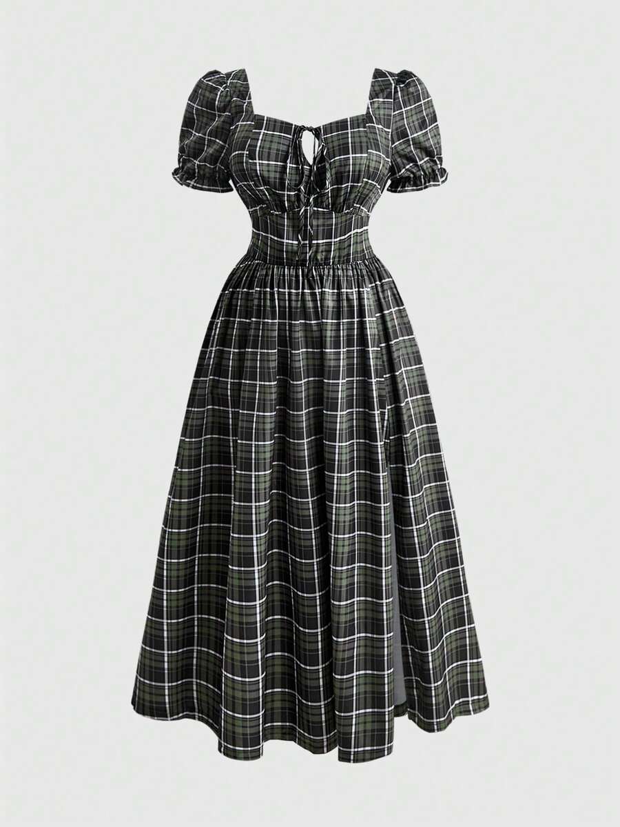ROMWE Fairycore Plus Size Mori Style Vintage Square Neck Puff Sleeve Plaid Dress - Army Green - View 1