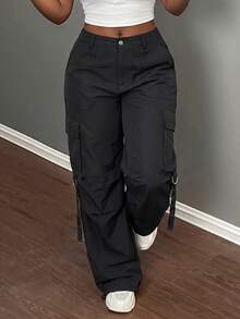 Slaydiva Pantalon cargo femme vintage streetwear noir à poches multiples avec design de ruban, pantalon long décontracté pour le trajet et les vacances - Noir - Voir 5