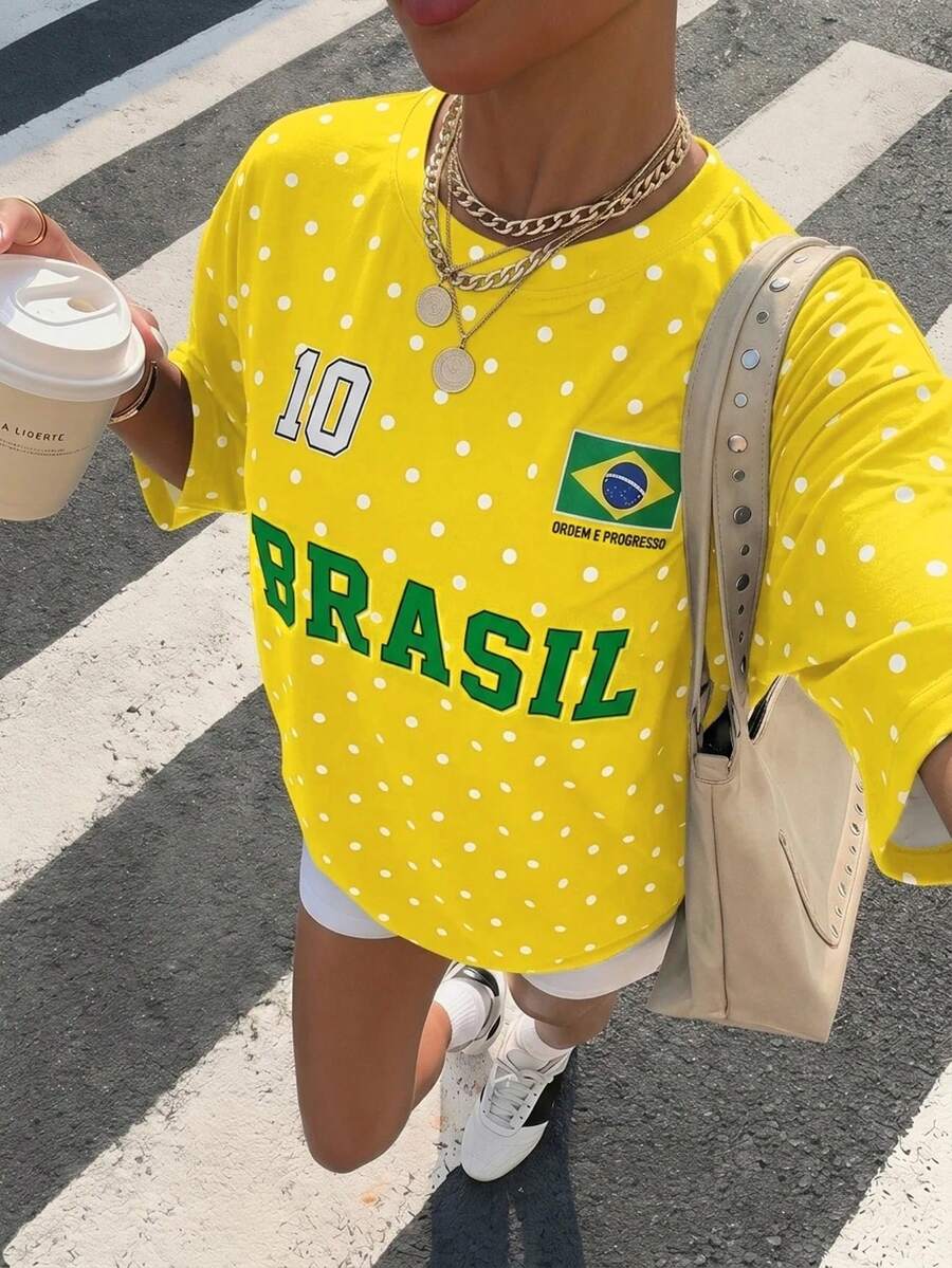 SHEIN EZwear 休閒簡約黃色圓點印花圓領短袖寬鬆女款T恤，適合夏季 - 彩色 - 查看 1