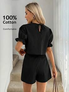 Easowa Women's 2 Pieces Set: Round Neck Puff Sleeve With Frill Trim, Back Tie Bow Short Sleeve Blouse And Asymmetrical Hem Skort Shorts, 100 Cotton - Black - View 8