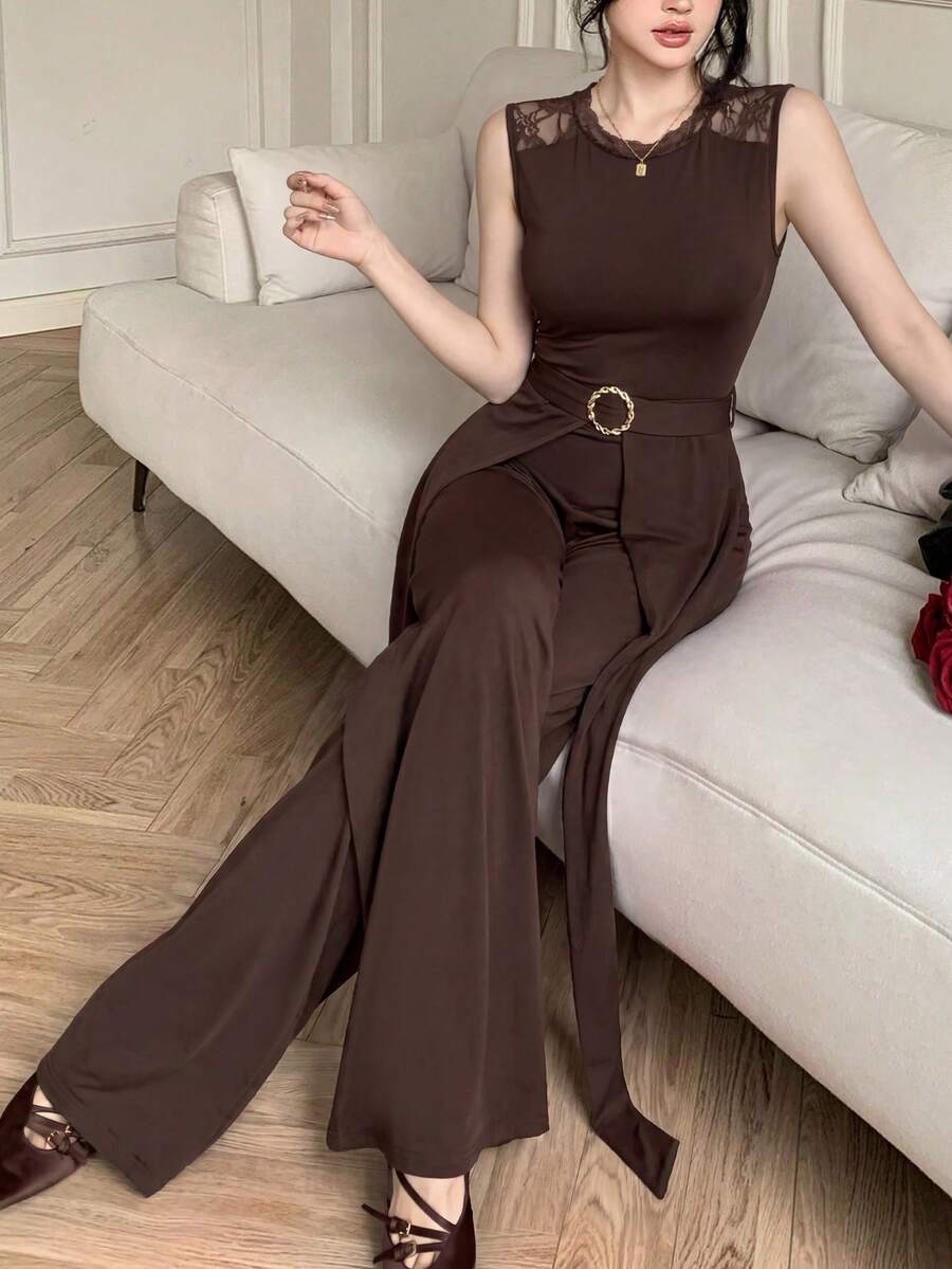 Celisse 深褐色流蘇蕾絲掛脖連身褲，高腰寬腿設計，優雅宴會風，成熟時尚 - 棕色 - 查看 1