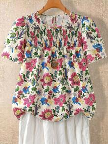 Linhara Plus Size Women's Floral Round Neck Double Layer Sleeve Short Sleeve Casual Boho Shirt Fashion Multi-Functional Pleated Summer Holiday Top Beige - Multicolor - View 7