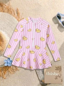 SHEIN 一件装少女/女孩休闲度假可爱优雅黄色小鸭粉色条纹长袖拉链连体泳衣，适合日常度假、海滩、泳池、春夏季穿着。 - 彩色 - 查看 2
