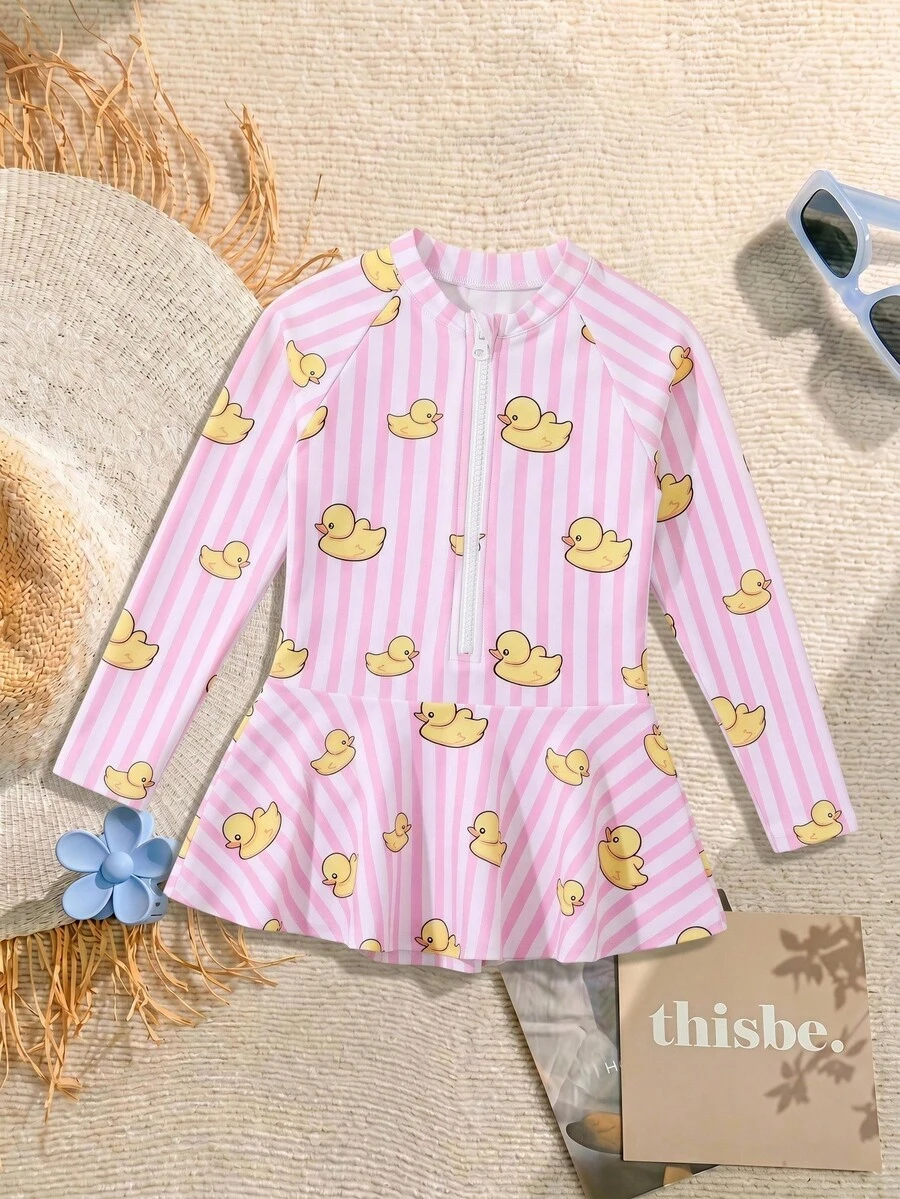 SHEIN 一件装少女/女孩休闲度假可爱优雅黄色小鸭粉色条纹长袖拉链连体泳衣，适合日常度假、海滩、泳池、春夏季穿着。