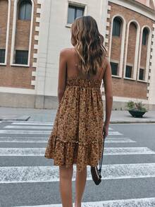 Nöista Robe décontractée pour femmes à bretelles spaghetti, imprimé intégral, plissée, pour rendez-vous et soirée - Kaki - View 2
