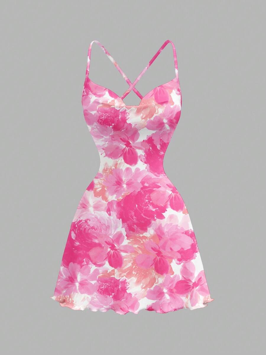 SHEIN MOD 女式休闲简约全印花 V 领无袖短裙 - 玫紅色 - 查看 1