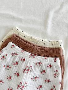 SHEIN Vintaside Kids 女嬰 6件/3套田園復古花卉與圓點圖案棕色圓領荷葉袖上衣搭配印花短褲套裝，適合日常穿著、外出、度假、春夏季 - 彩色 - 查看 6