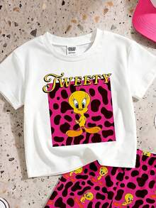 LOONEY TUNES X SHEIN GraphicGems 1件少女休閒可愛卡通崔弟鳥印花夏季豹紋圓領短袖T恤，夏季，新款Ss26 Fa - 彩色 - 查看 3