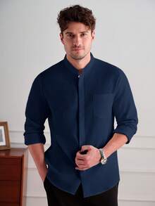 Core Aspect Camisa casual de unicolor versátil para uso diario y ceremonias para hombres - Azul Marino - Ver 6