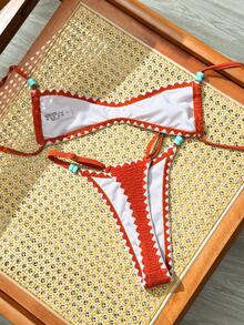 Swim Vcay 2026春夏新款女款紅色紋理比基尼套裝，白色蕾絲與綠松石珠飾細肩帶，平口上衣配高衩三角泳褲，清新度假海灘泳裝 - 鏽棕色 - 查看 2