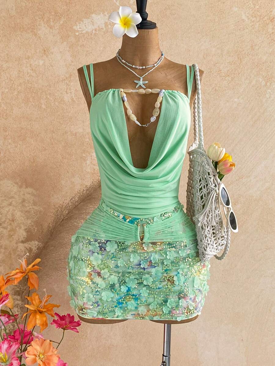 Soleia Women's Applique Pleated Cowl Neck Sexy Tropical Elegant Tropical Date Vacation Night Out Beach Vacation Party Mini Dress Mint Green Summer - Multicolor - View 1